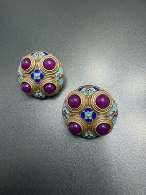Vintage-Inspired Purple Enamel Dome Pierced earrings #343